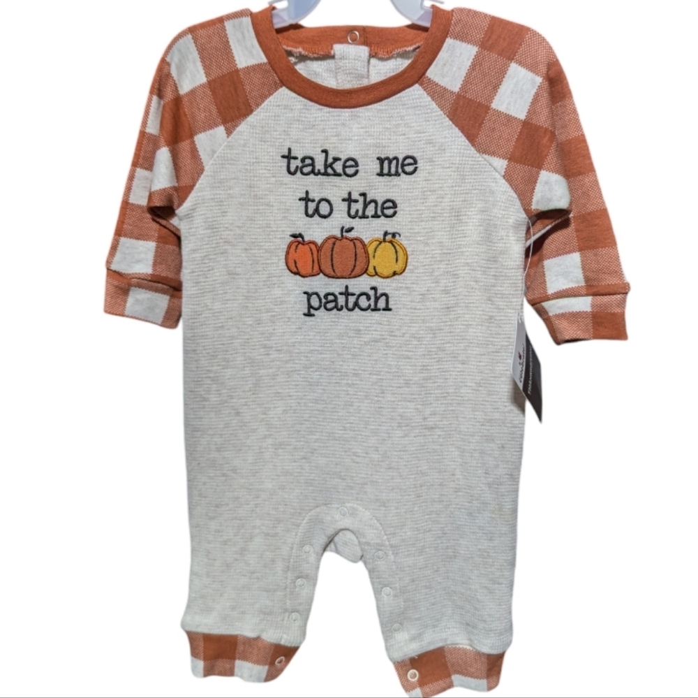 Celebrate Baby Bodysuit Romper Sz 3-6 Month Footless Pumpkin Patch Plaid k-303